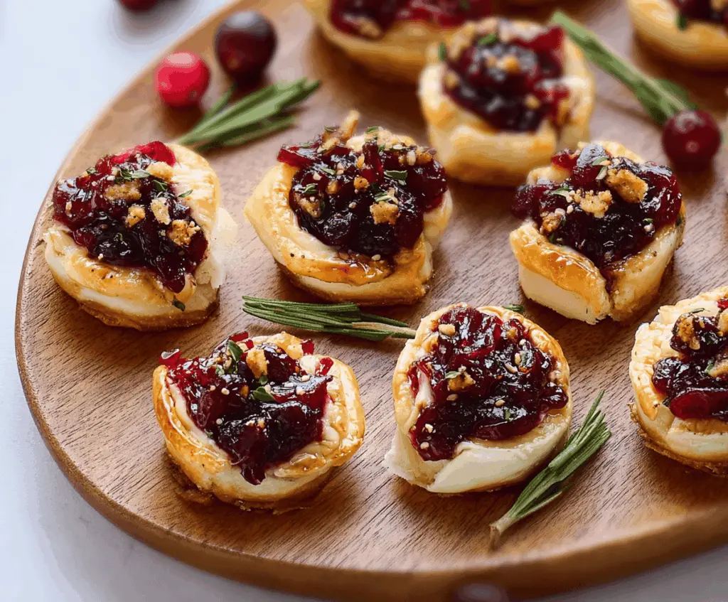 Cranberry Brie Bites served on a white platter with fresh cranberries and herbs
