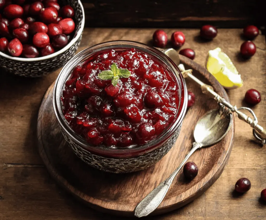 Fresh Cranberry Chutney served in a glass bowl with colorful ingredients around.