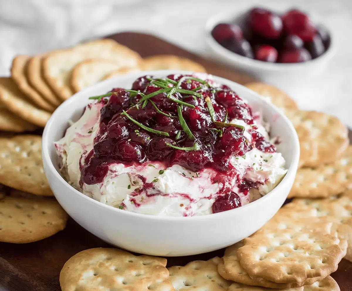 Creamy cranberry and cream cheese dip garnished with fresh cranberries and herbs.