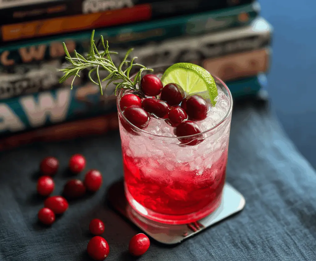 Refreshing cranberry gin and tonic cocktail in a glass with fresh cranberries and lime garnish.