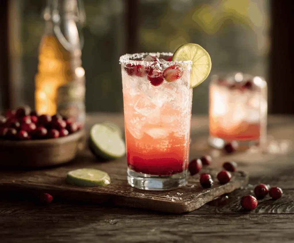 Refreshing Cranberry Ginger Paloma cocktail garnished with fresh cranberries and lime slice.