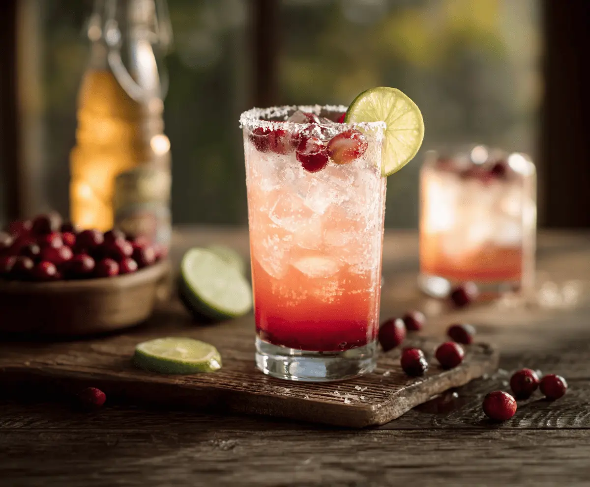 Refreshing Cranberry Ginger Paloma cocktail garnished with fresh cranberries and lime slice.