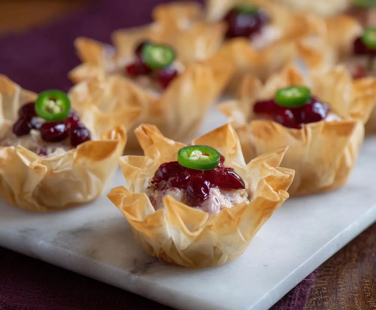 Cranberry Jalapeno Phyllo Cups served on a white plate, garnished with fresh herbs for a festive appetizer.