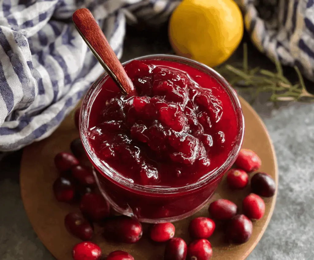 Bright and glossy cranberry mango sauce served in a decorative bowl, perfect for holiday desserts and savory dishes.