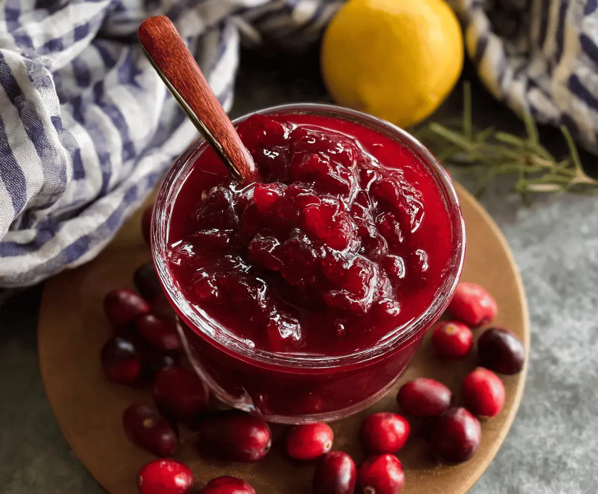 Bright and glossy cranberry mango sauce served in a decorative bowl, perfect for holiday desserts and savory dishes.