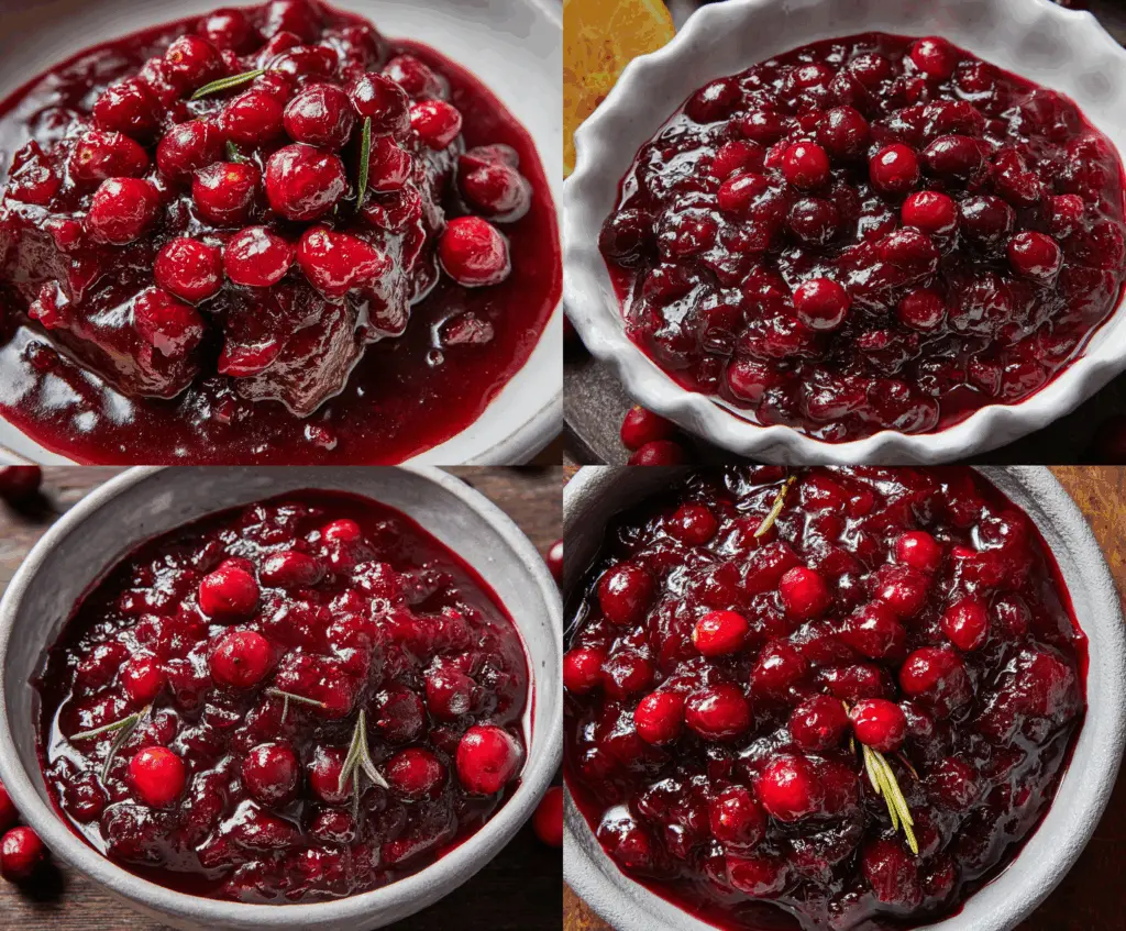 Delicious cranberry red wine sauce drizzled over a festive dish, perfect for holiday celebrations.