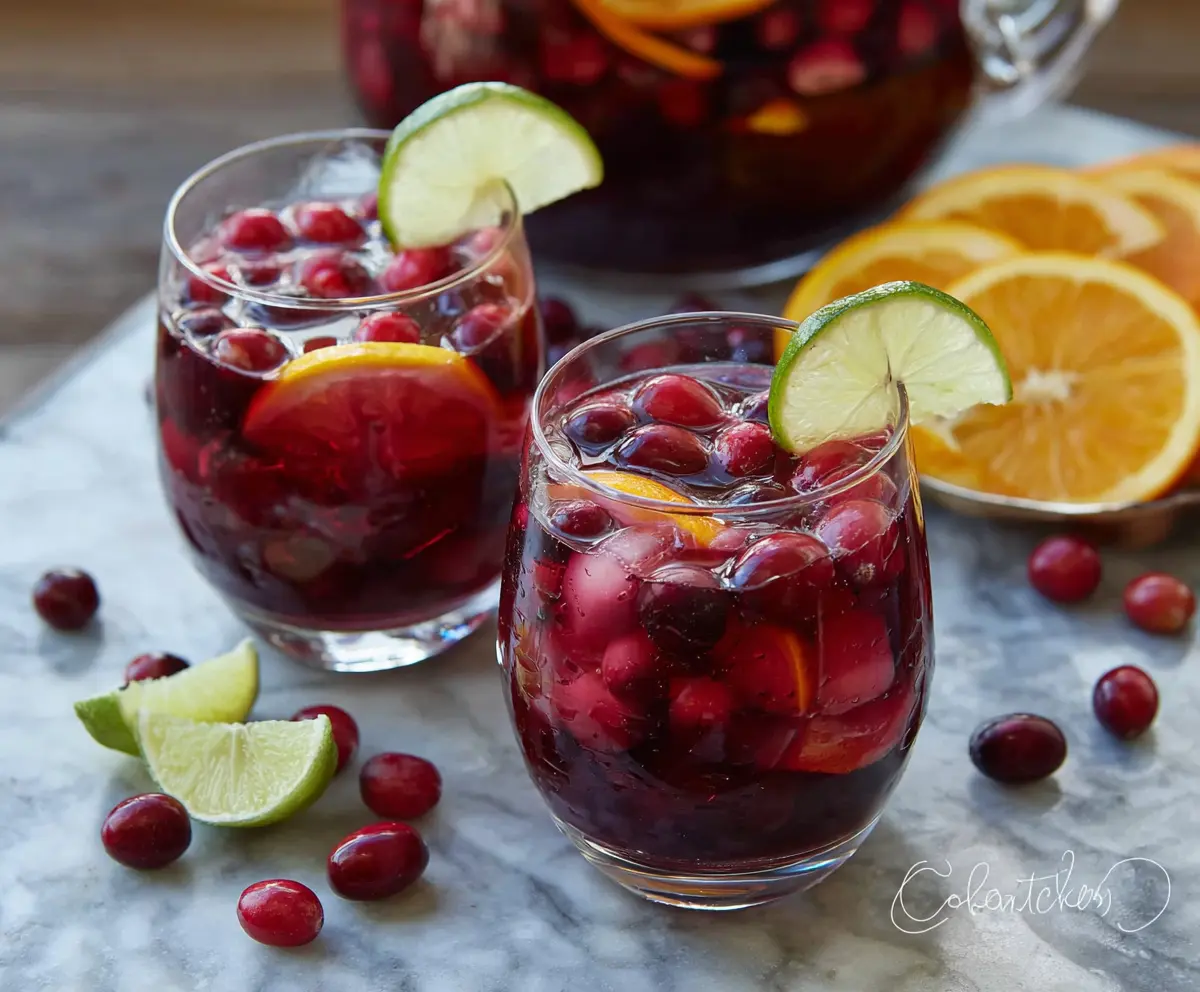 Refreshing cranberry sangria in a glass garnished with fresh cranberries and orange slices.