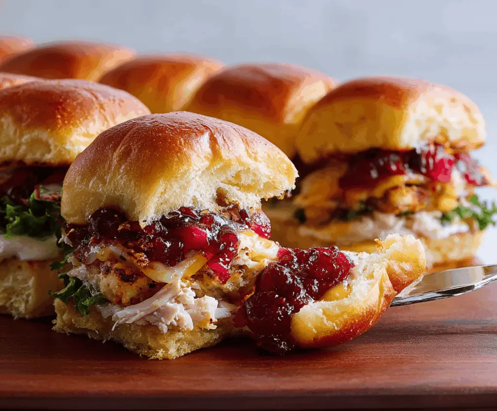 Delicious cranberry turkey sliders with fresh ingredients and a toasted bun on a platter.