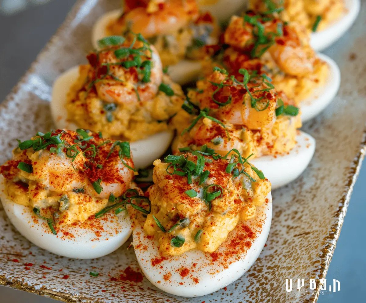 Delicious Crawfish Deviled Eggs garnished with fresh herbs on a white plate.
