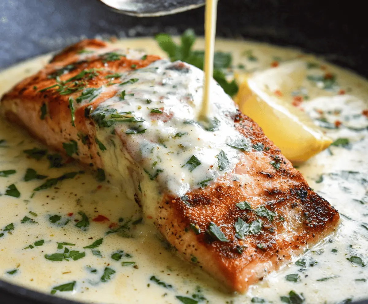 Creamy Garlic Butter Salmon served with lemon and herbs on a white plate.
