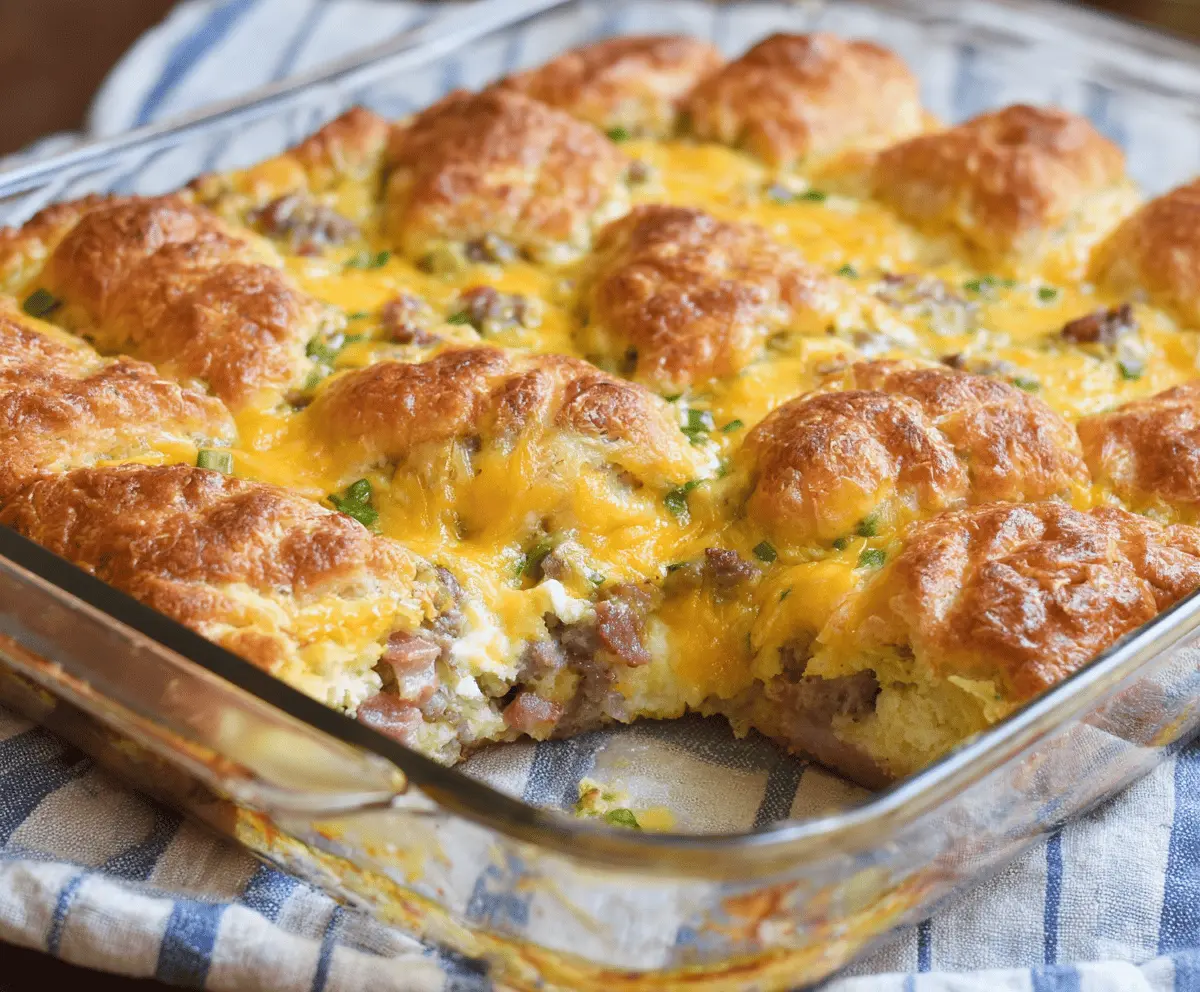 Delicious Crescent Roll Breakfast Casserole topped with cheese and fresh herbs, ready to serve for a hearty breakfast.