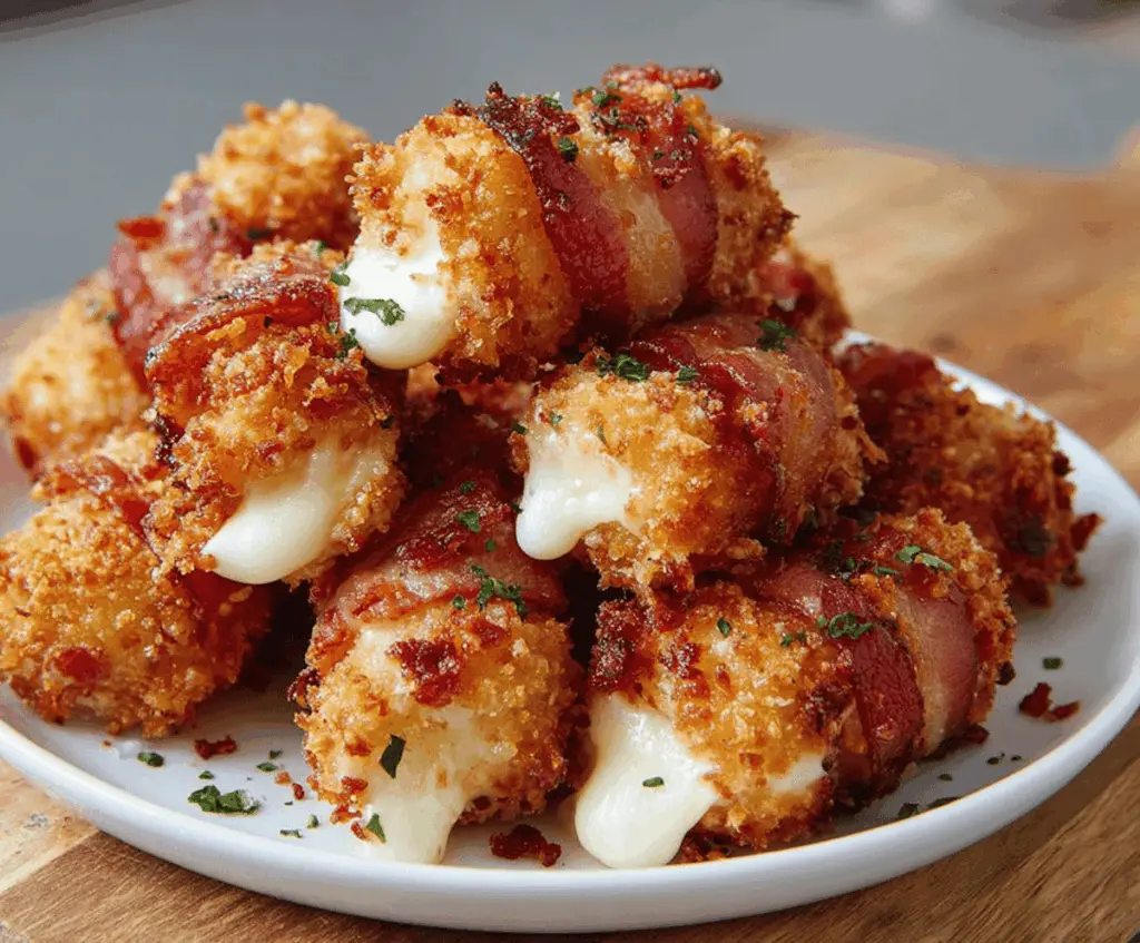 Golden crispy bacon mozzarella poppers served with a side of fresh herbs