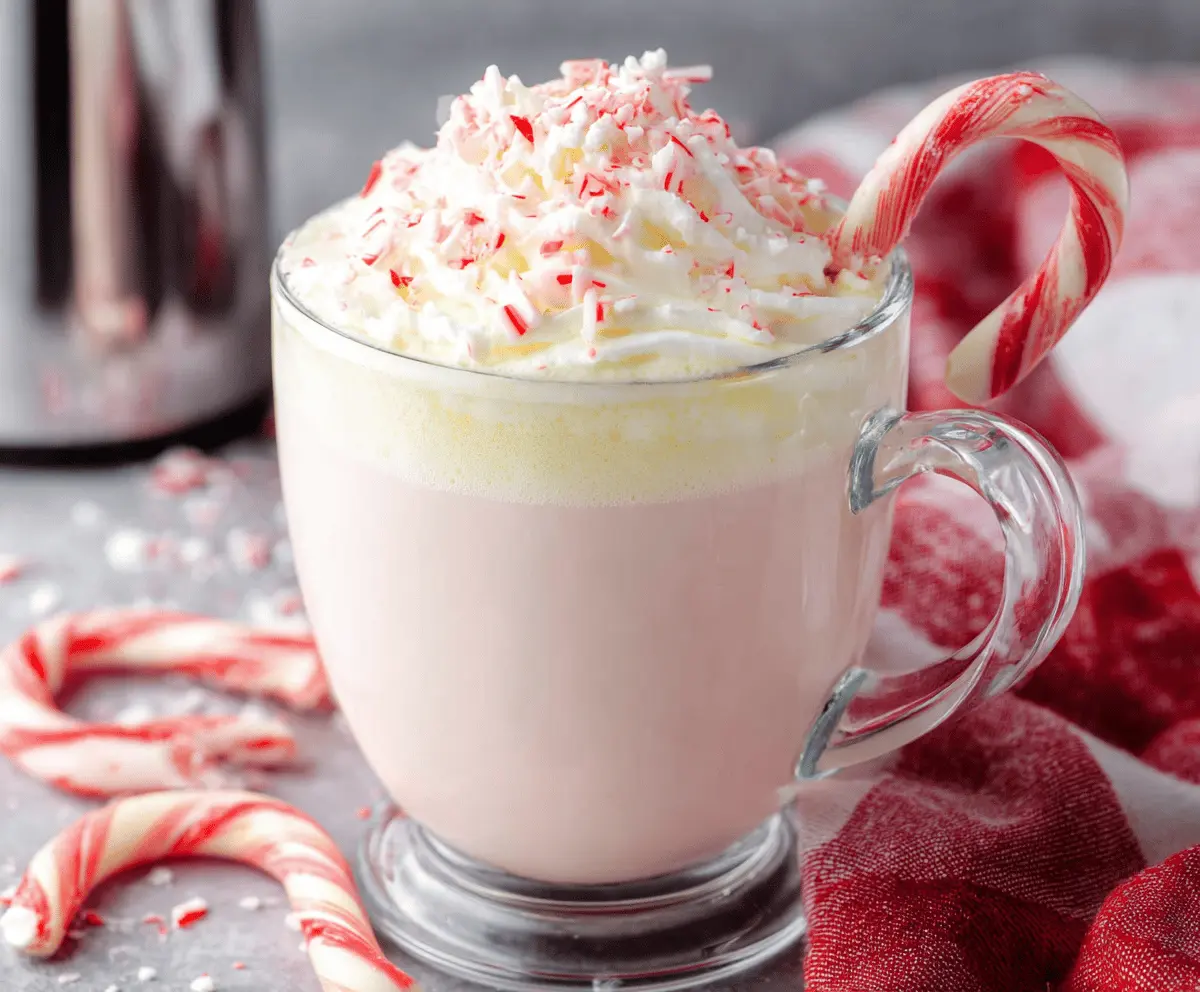 Creamy Crockpot Candy Cane White Hot Chocolate served in a mug with a candy cane garnish
