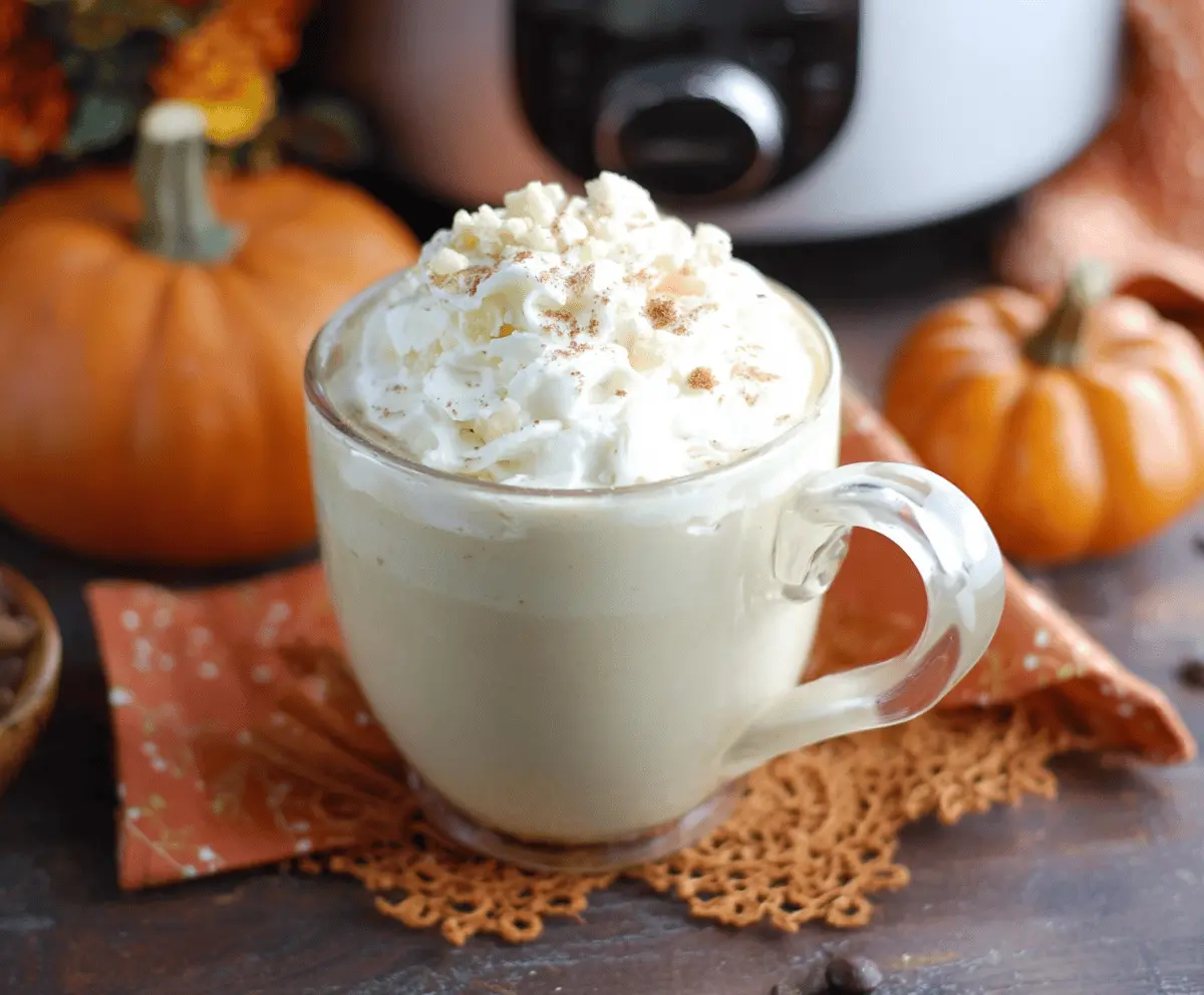 Creamy crockpot pumpkin pie white hot chocolate served in a festive mug with whipped cream and cinnamon topping.