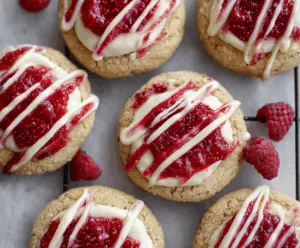 Delicious Crumbl Raspberry Cheesecake Cookies with fresh raspberries and creamy cheesecake filling.