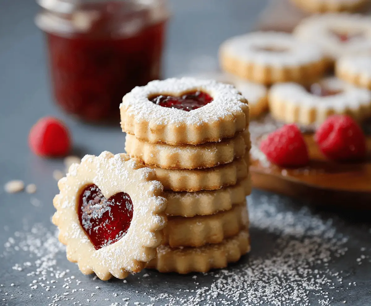Delicious homemade raspberry almond Linzer cookies with a powdered sugar dusting, perfect for dessert or tea time.