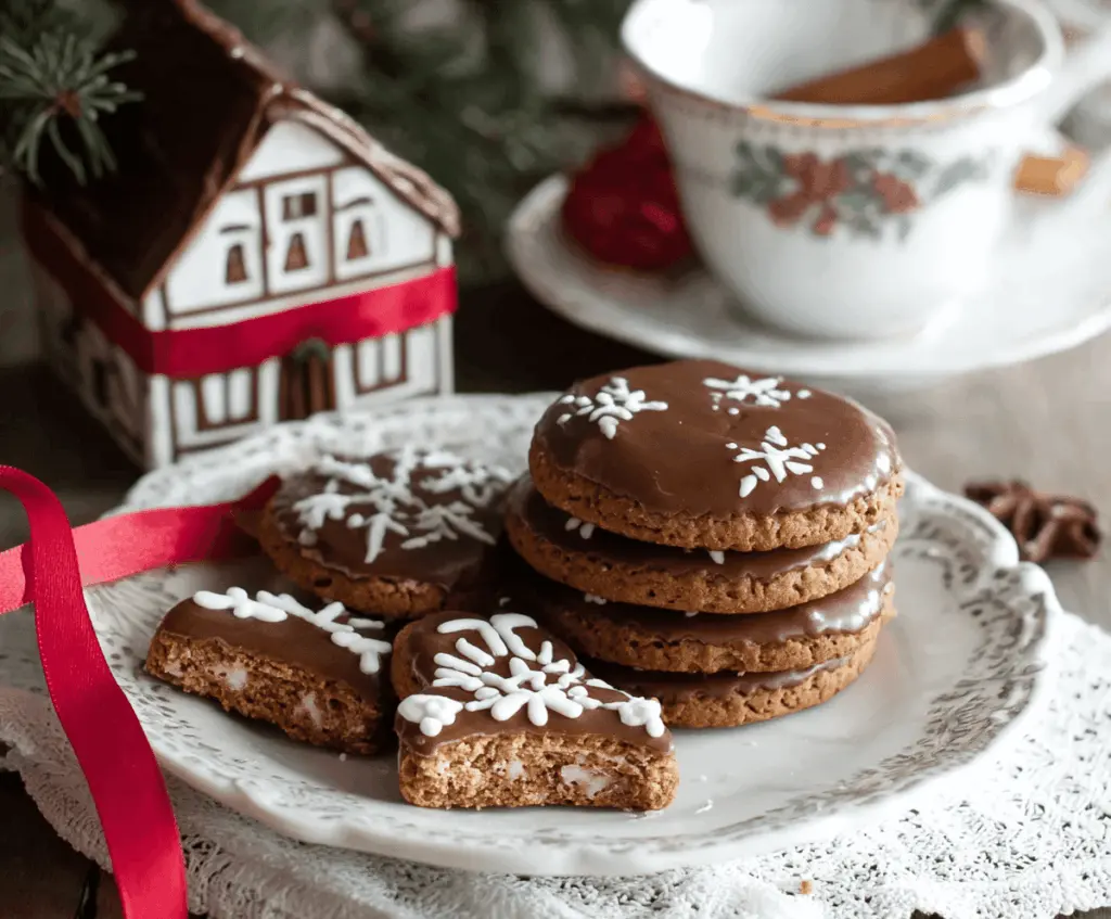 Golden-brown German gingerbread cookies on a festive plate, decorated with icing and sprinkles.