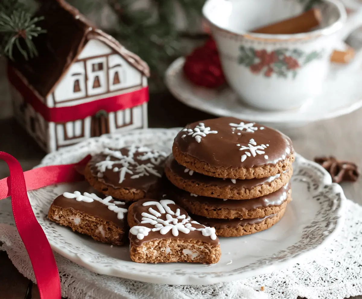 Golden-brown German gingerbread cookies on a festive plate, decorated with icing and sprinkles.