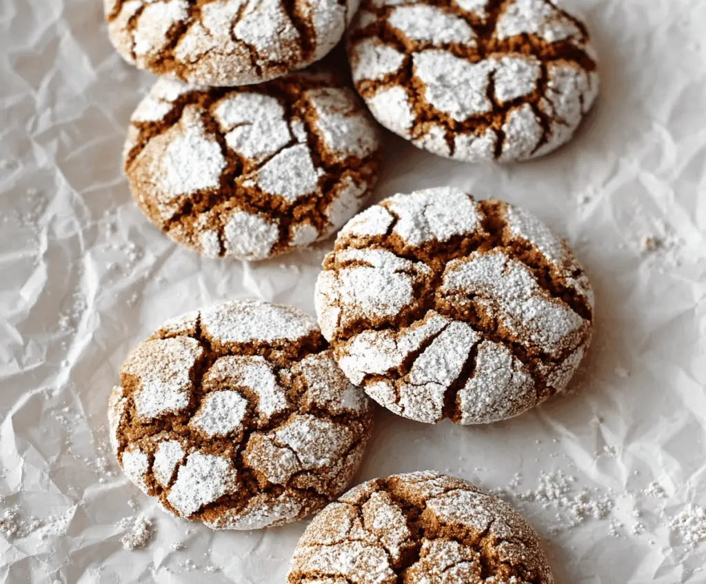 Delicious gingerbread crinkle cookies with powdered sugar coating, perfect for holiday desserts.