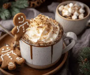 A warm mug of Gingerbread Hot Chocolate topped with whipped cream and gingerbread cookies, perfect for the holiday season.