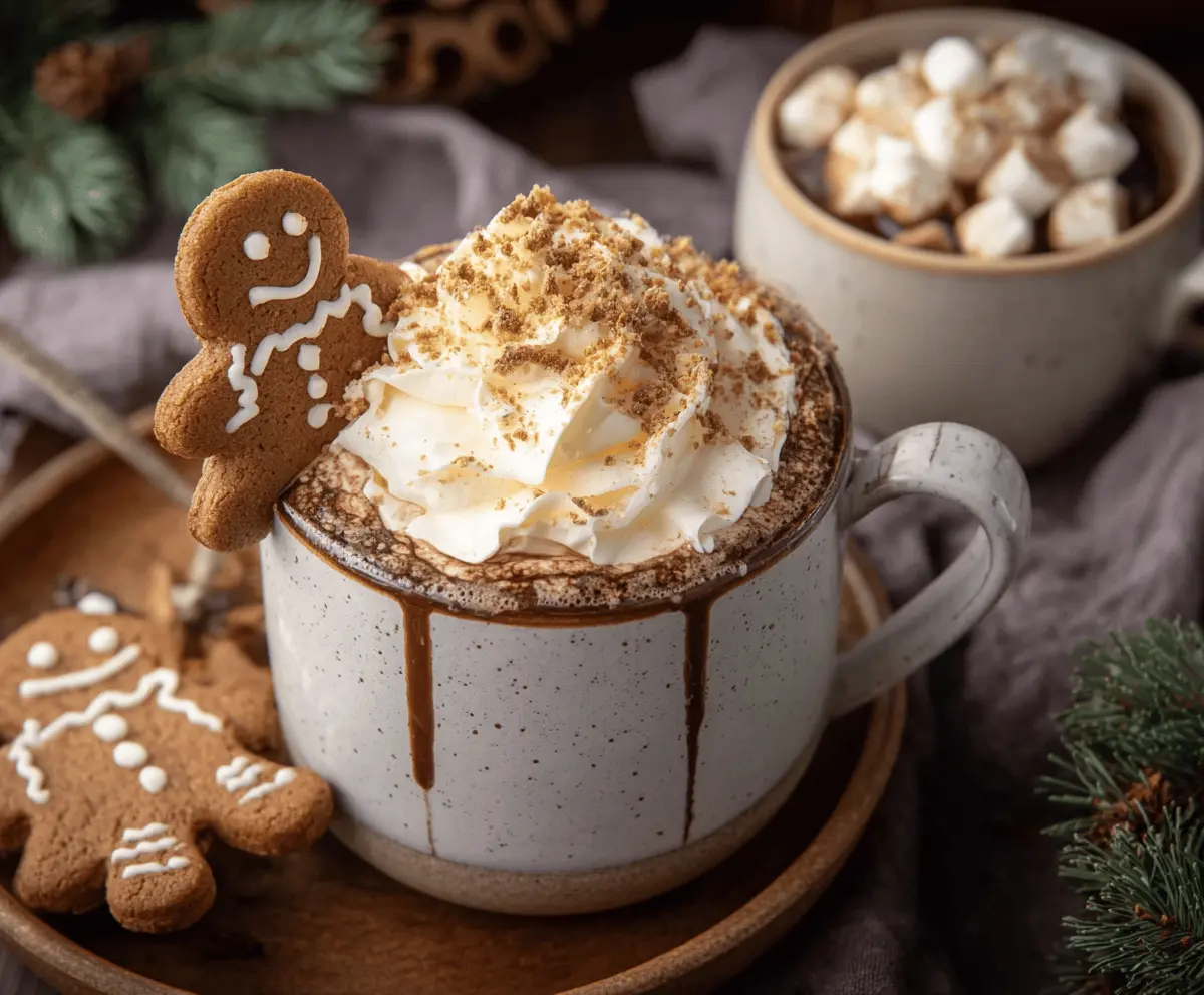 A warm mug of Gingerbread Hot Chocolate topped with whipped cream and gingerbread cookies, perfect for the holiday season.