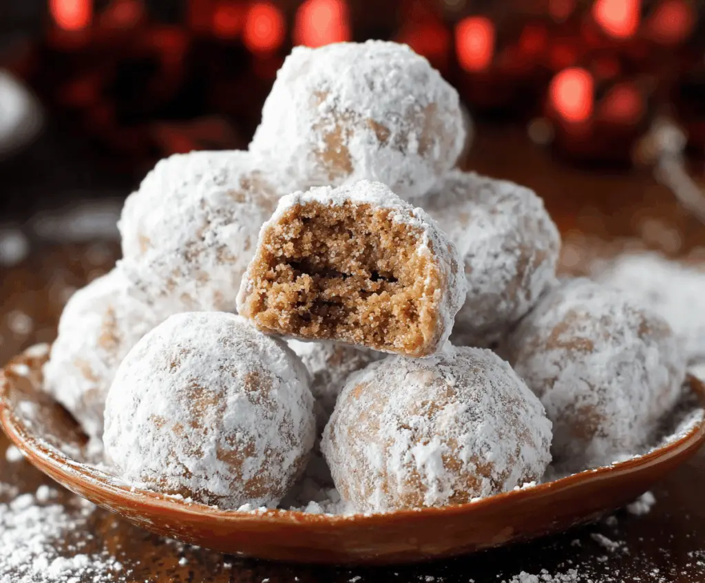 Delicious gingerbread snowball cookies dusted with powdered sugar, perfect for the holiday season.