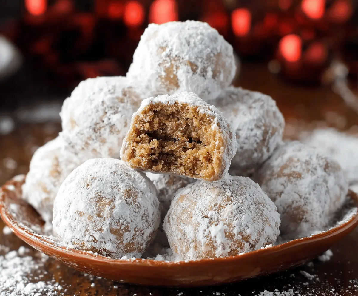 Delicious gingerbread snowball cookies dusted with powdered sugar, perfect for the holiday season.