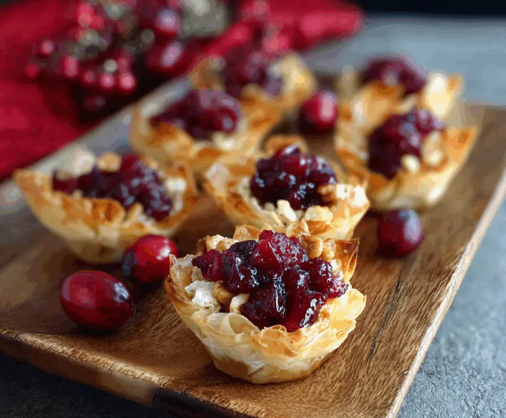 Delicious Goat Cheese Cranberry Phyllo Cups arranged on a serving platter, perfect for appetizers and parties