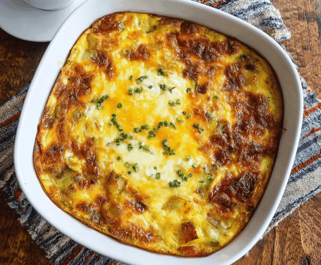 Golden Potatoes O'Brien Breakfast Casserole with colorful vegetables for a hearty morning meal.