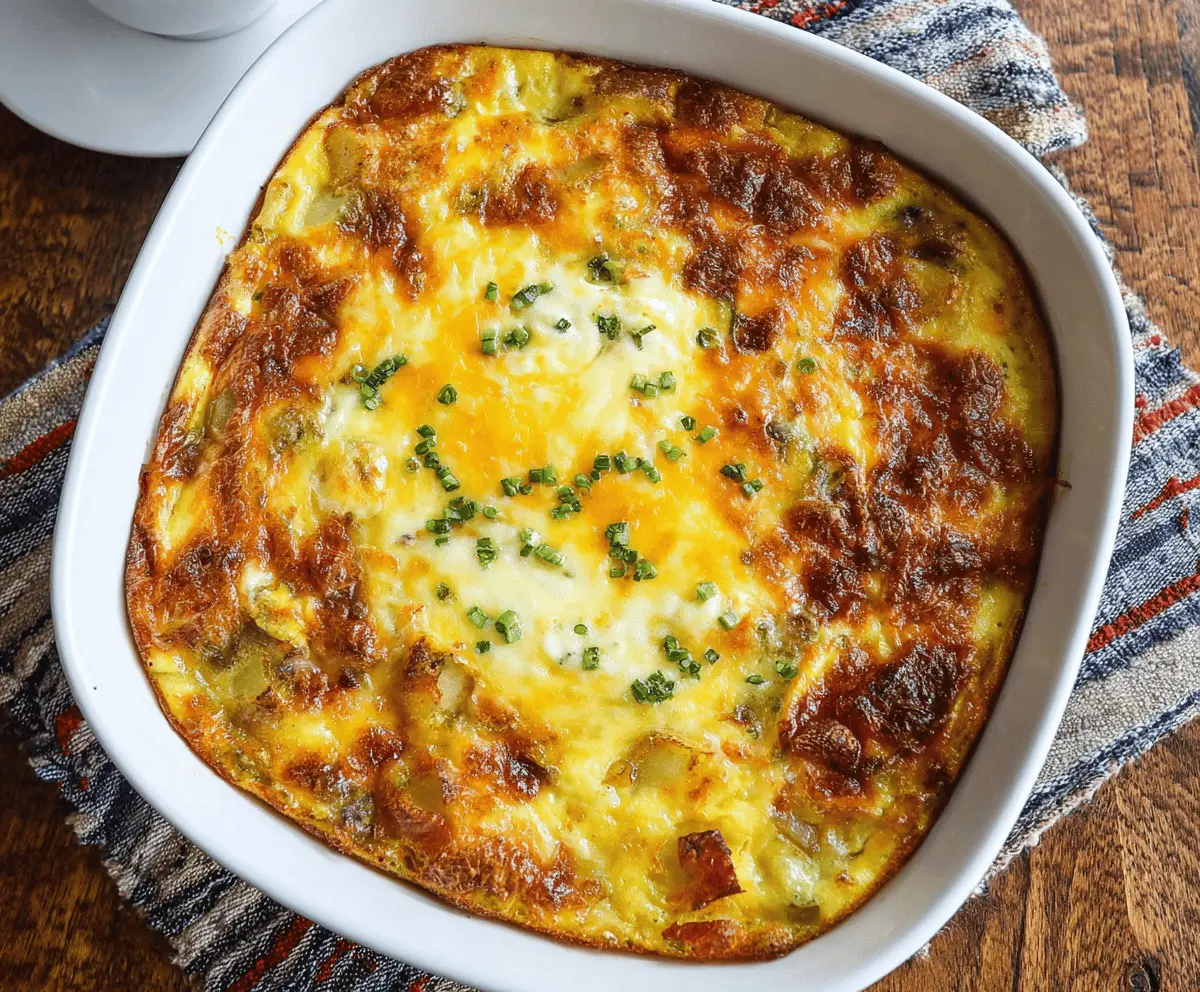Golden Potatoes O'Brien Breakfast Casserole with colorful vegetables for a hearty morning meal.