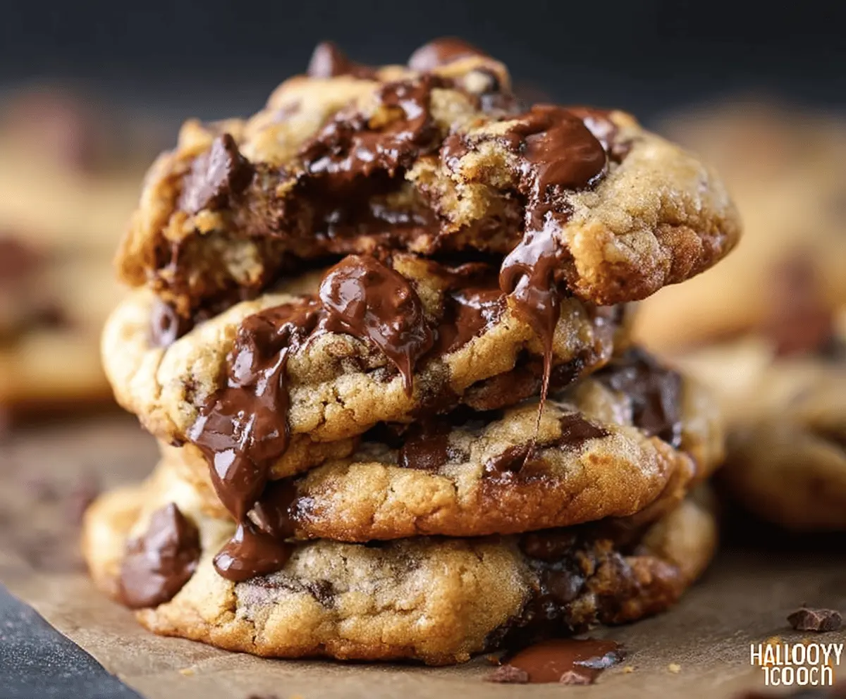 Delicious gooey chocolate chip cookies fresh out of the oven, showcasing melted chocolate chips and a chewy texture.
