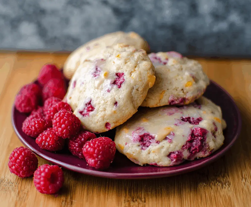 Delicious Greek yogurt raspberry cookies on a plate with fresh raspberries and mint garnish.