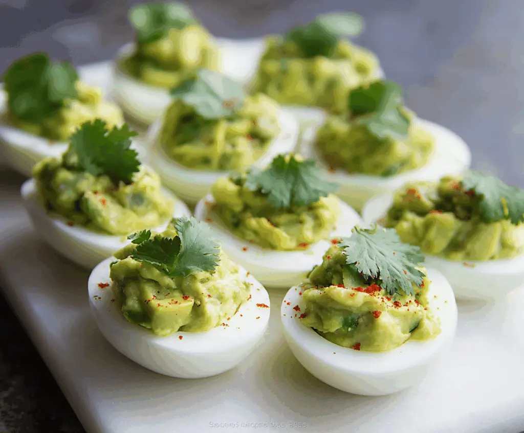 Delicious Guacamole Deviled Eggs garnished with fresh herbs, perfect for appetizers and parties.