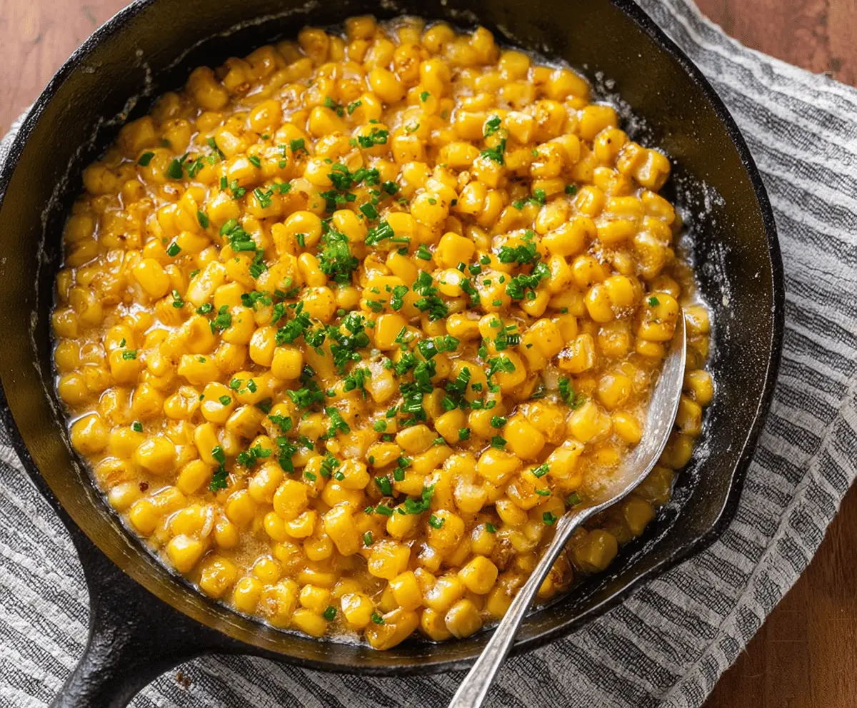 Creamy honey butter skillet corn served as a delicious side dish with golden kernels and a glossy finish.