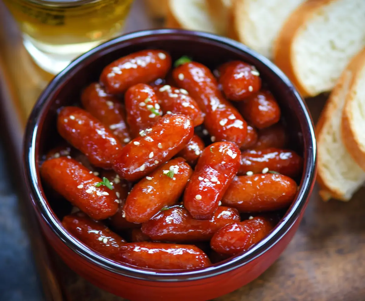 Delicious Honey Garlic Cocktail Smokies served on a platter, perfect for parties and snacks.