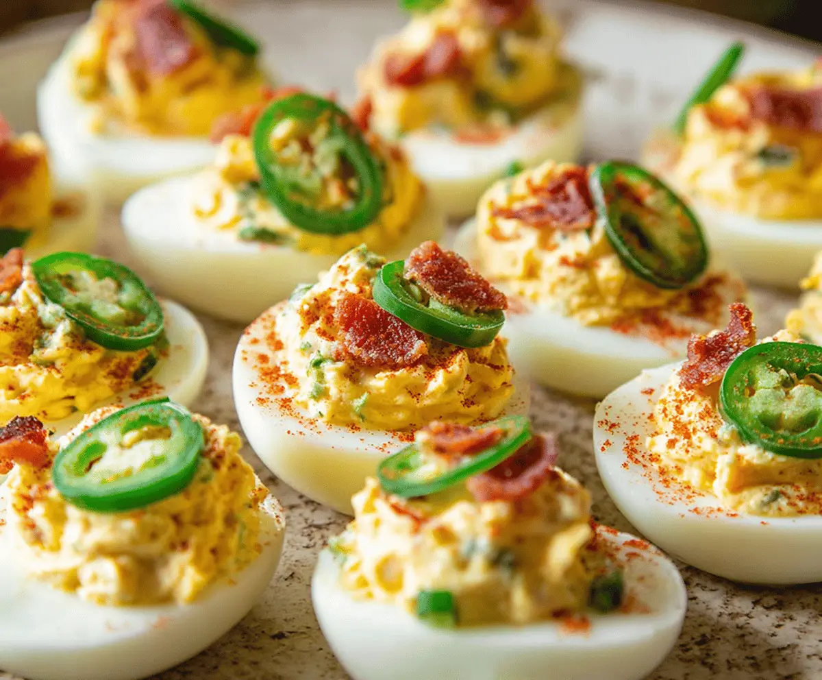 Creamy deviled eggs topped with spicy jalapeño slices and crispy bacon bits for a flavorful appetizer.
