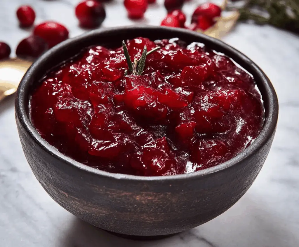 Delicious homemade Joanna Gaines cranberry sauce served in a glass bowl with fresh cranberries and mint garnish.