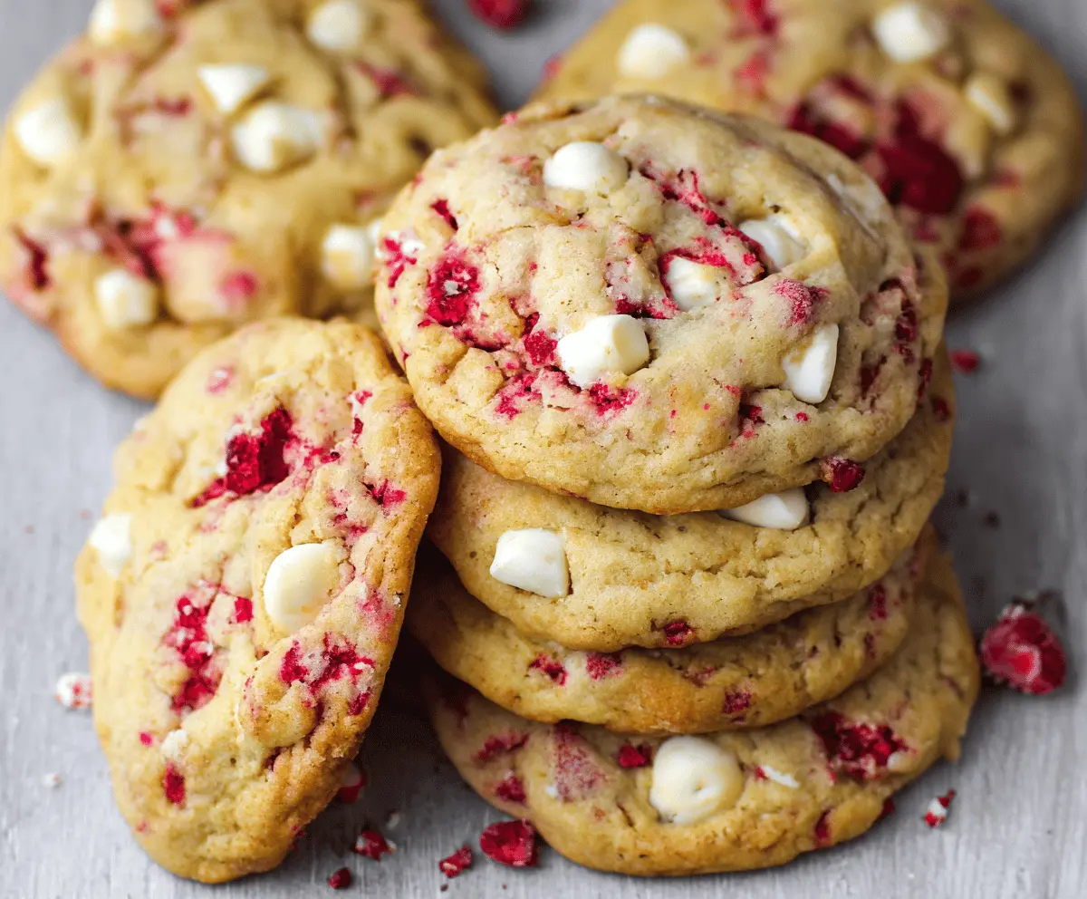 Delicious jumbo raspberry white chocolate cookies on a white plate with fresh raspberries.