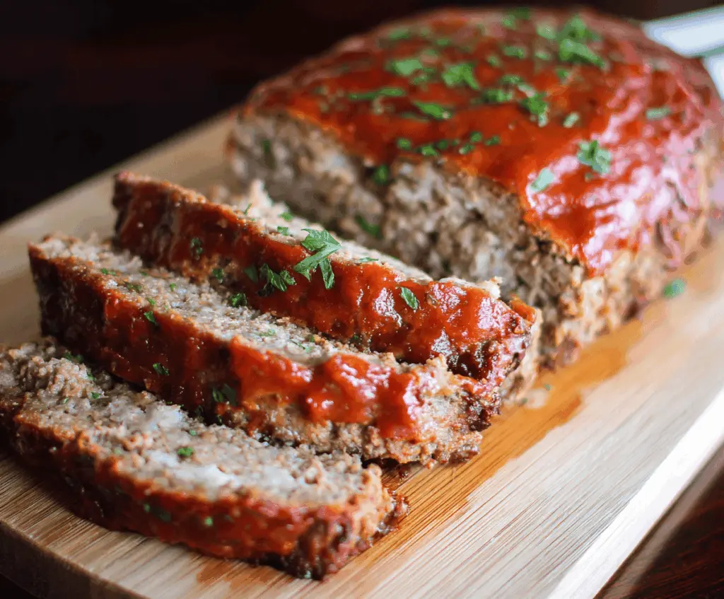 Delicious keto meatloaf served with fresh herbs on a rustic plate.