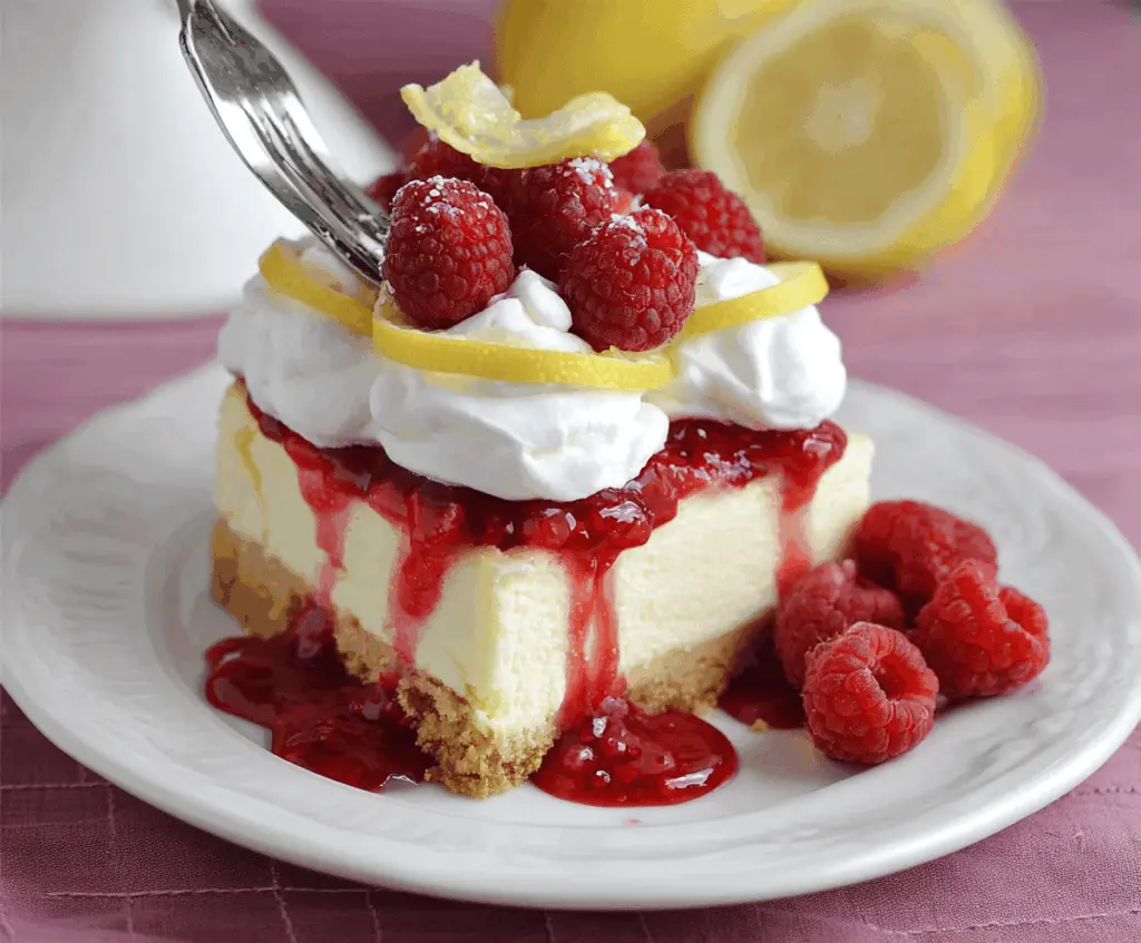 Delicious Lemon Raspberry Cheesecake with fresh raspberries and zesty lemon topping