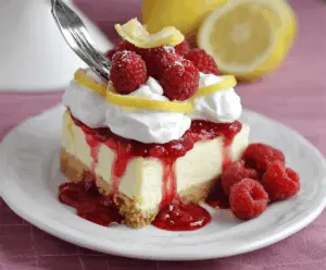 Delicious Lemon Raspberry Cheesecake with fresh raspberries and zesty lemon topping