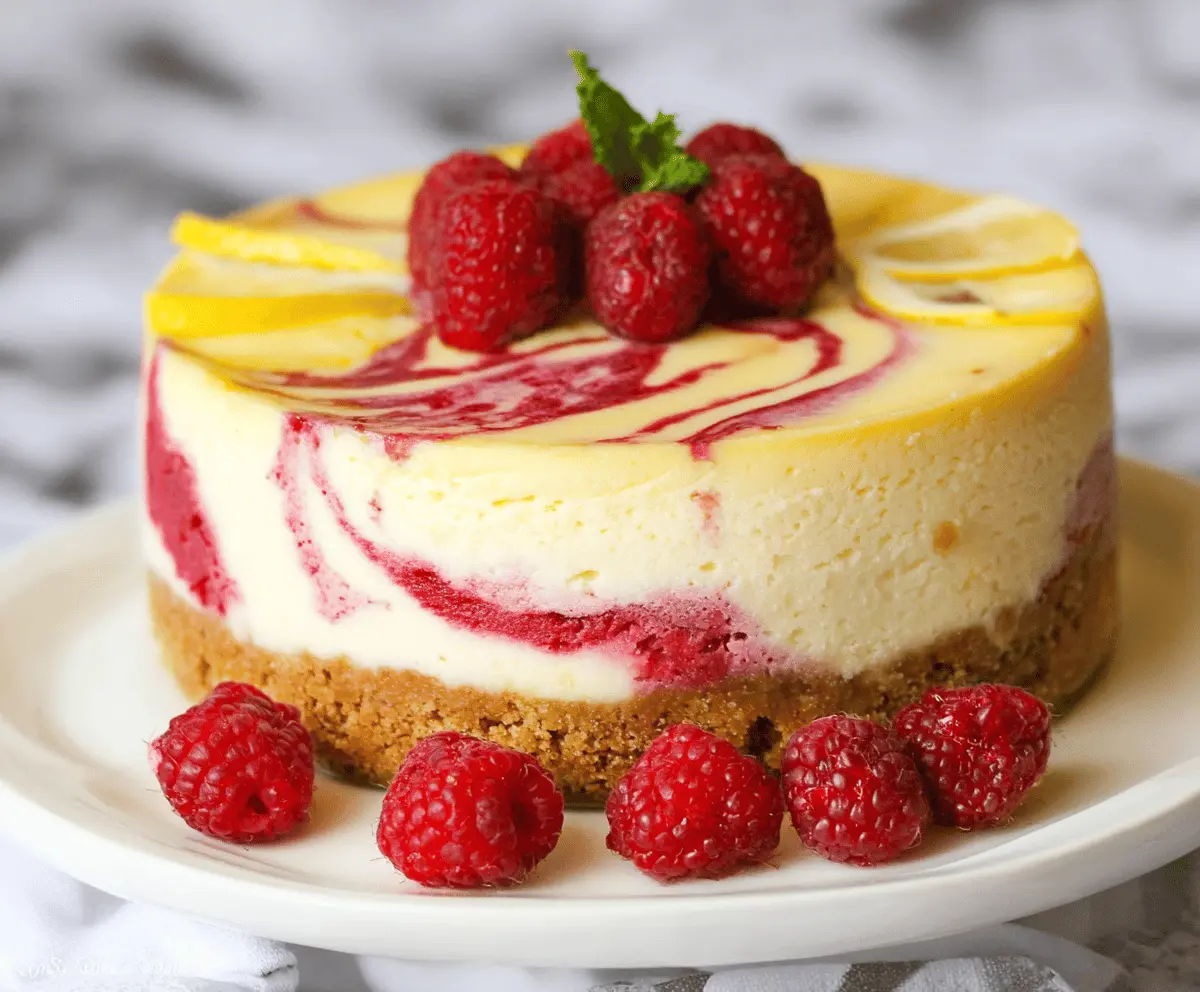 Delicious Lemon Raspberry Swirl Cheesecake with vibrant raspberry and lemon zest decorations