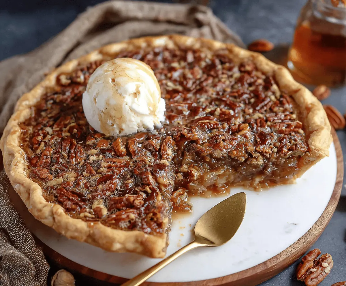 Delicious Maple Pecan Pie garnished with toasted pecans and a glossy syrup glaze, perfect for dessert.