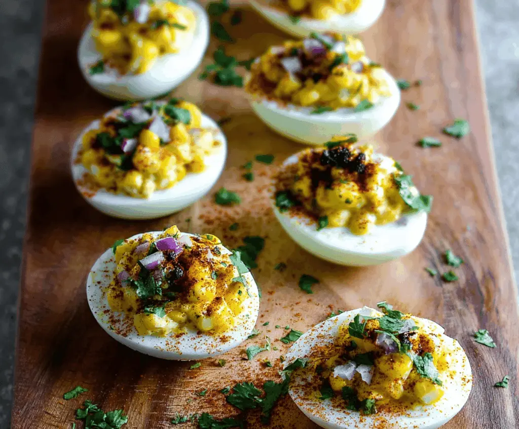 Delicious Mexican Street Corn Deviled Eggs with creamy filling and sprinkled cheese, perfect for party appetizers.