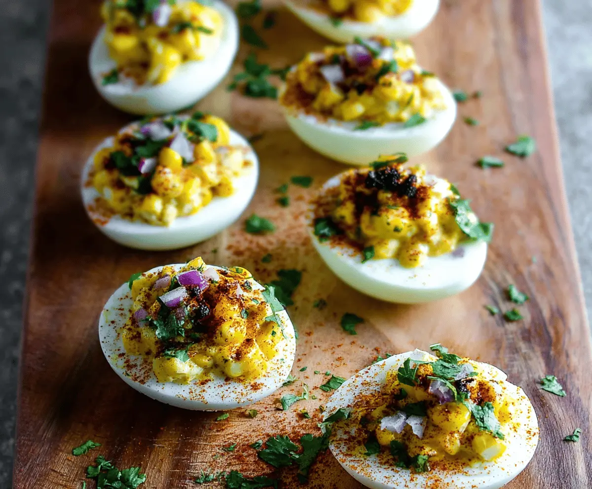 Delicious Mexican Street Corn Deviled Eggs with creamy filling and sprinkled cheese, perfect for party appetizers.