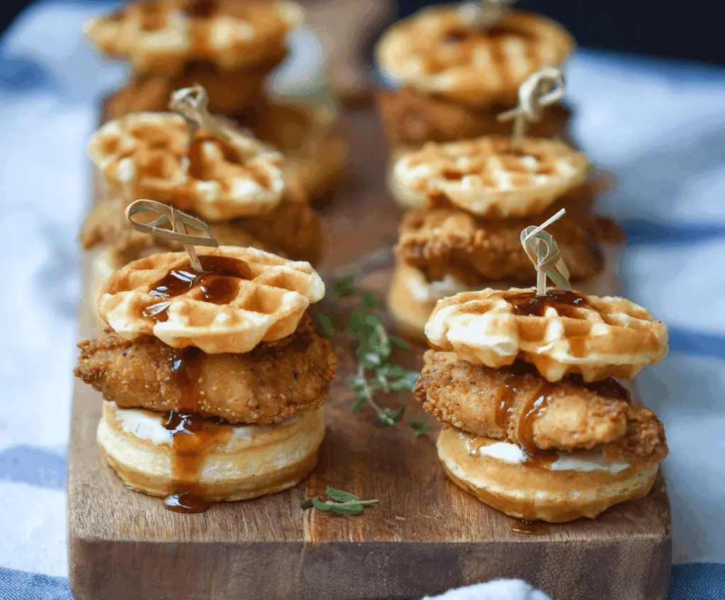 Mini chicken and waffle sliders on a platter with syrup and garnishes.