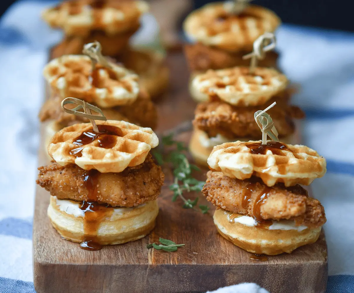 Mini chicken and waffle sliders on a platter with syrup and garnishes.
