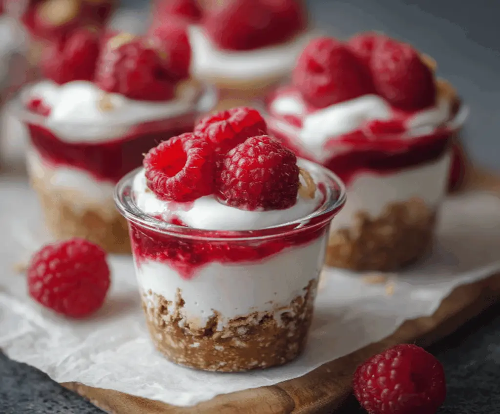 Delicious no-bake raspberry pretzel cups with a crispy pretzel crust and fresh raspberry topping.