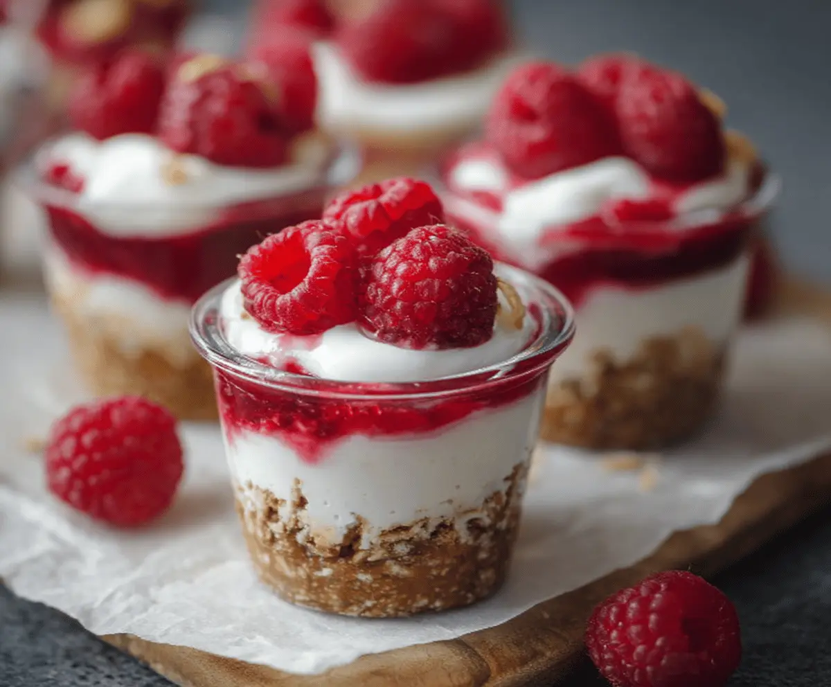 Delicious no-bake raspberry pretzel cups with a crispy pretzel crust and fresh raspberry topping.