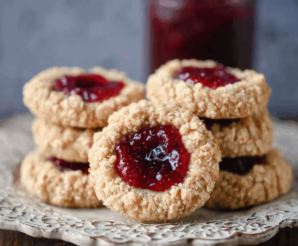 Delicious oatmeal raspberry jam thumbprint cookies on a white plate ready to be served.